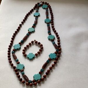 Turquoise and Brown Beaded Necklace and Bracelet Set